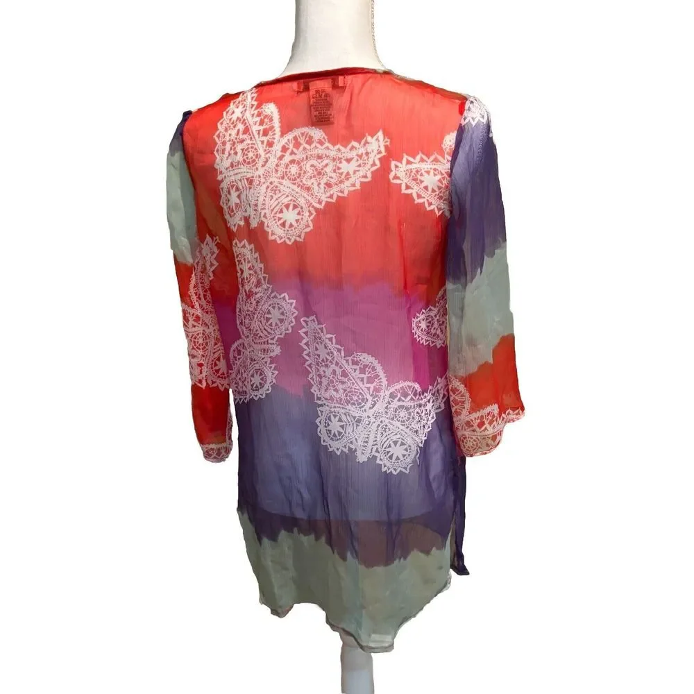 Cute Options Swimsuit Cover Beaded 3/4 Sleeve‎ Semi-Sheer Lightweight Size Small